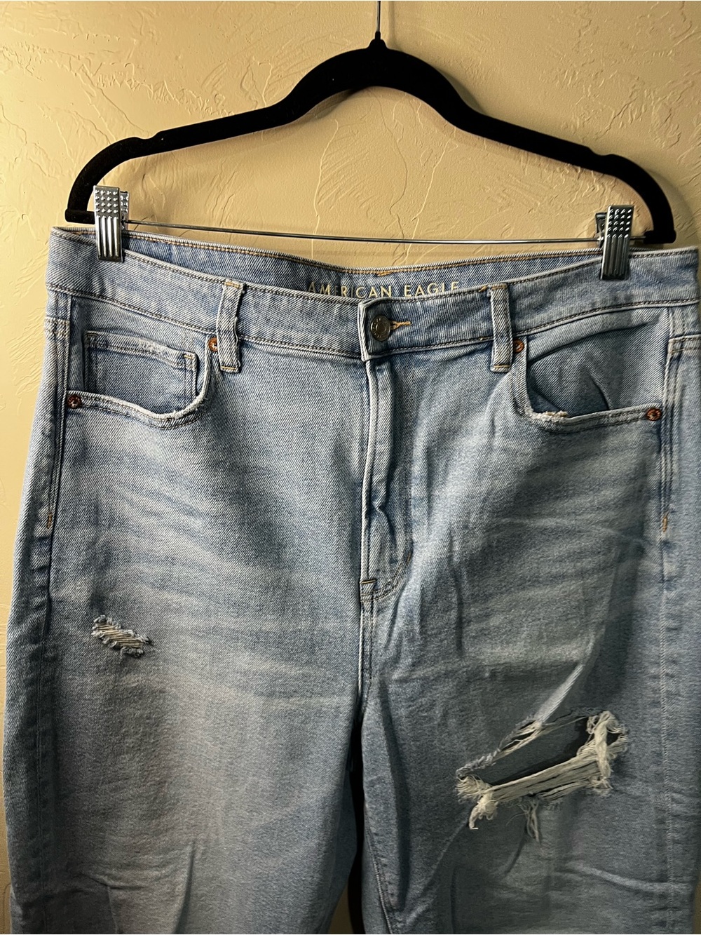 American Eagle Mom Straight High Rise Distressed Light Wash Denim Jeans - Picture 3 of 12